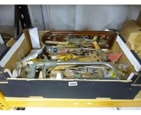 A BOX CONTAINING A QUANTITY OF VINTAGE HAND TOOLS, etc