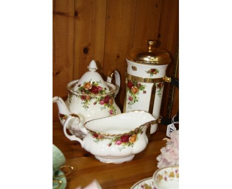 ROYAL ALBERT 'OLD COUNTRY ROSES' COFFEE PERCULATOR, height approximately 24.5cm, a teapot and a gravy boat (3)