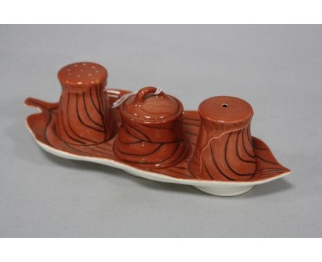 A CARLTONWARE CRUET SET, Pinstripe pattern, design shaped as Leaves (4)
