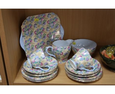 SHELLEY 'SUMMER GLORY' TEAWARES, No.13455, to include cake plate, milk jug, sugar, two cups (one hairline), six saucers and s