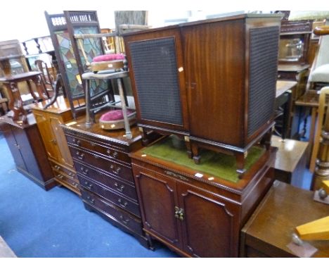 A MAHOGANY HI-FI CABINET, with a pair of matching speaker cabinets, a mahogany T V cabinet and a yew wood T V cabinet (5)