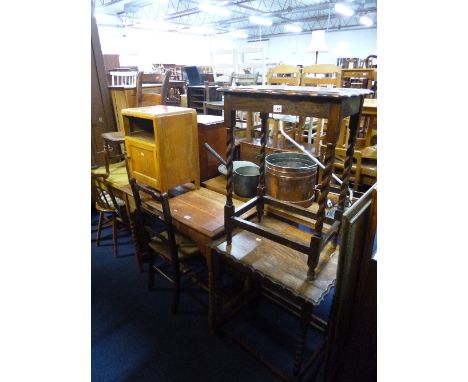 AN OAK BARLEY TWIST TABLE, a similar smaller occasional table, ladder back  chair, pot cupboard and a  rush seated chair (5)