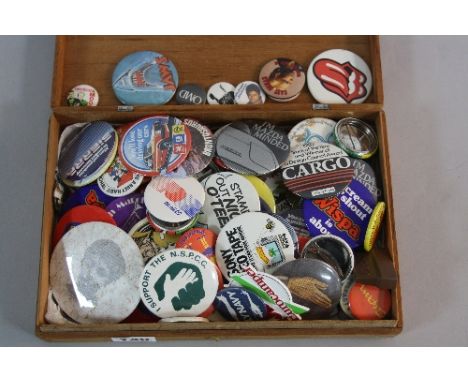 A BOX OF RETRO BADGES, including Jaws, Depechemode, Gary Numan, Michael Jackson, OMD, Yazoo, Duran Duran, Rolling Stones, a n