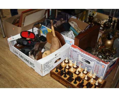 FOUR BOXES AND LOOSE SUNDRIES, to include pictures, handbags, Cosmica binoculars, chess set, cutlery, soda syphons etc