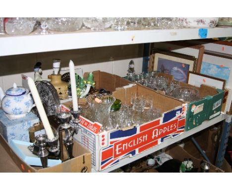 THREE BOXES AND LOOSE CUT GLASS, PICTURES, CERAMICS, LAMP BASE, etc