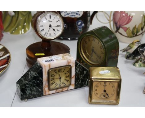 FOUR ALARM CLOCKS/TIMEPIECES, Lenzirch alarm clock, DEP alarm, SEC lacquered alarm and a Hermle novelty timepiece (4)