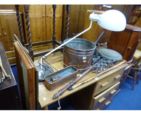 A QUANTITY OF VARIOUS METALWARES, etc, to include a copper two handled bucket, metal pan, retro lamp, two mirrors etc