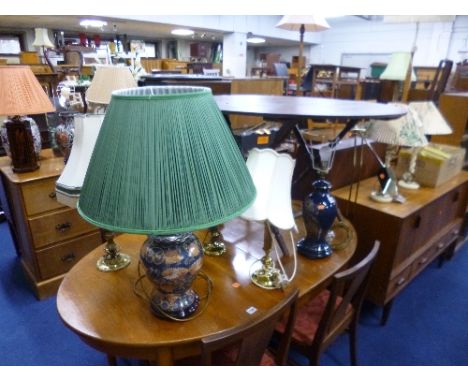 TEN VARIOUS TABLE LAMPS, (most with shades), floor standing lamp and a box of assorted wall lights (12)