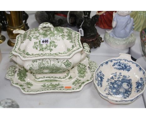 MASONS 'FRUIT BASKET' (GREEN) TUREEN, STAND AND LADLE, together with Masons 'Fruit Basket' (blue) design twin handled dish (2