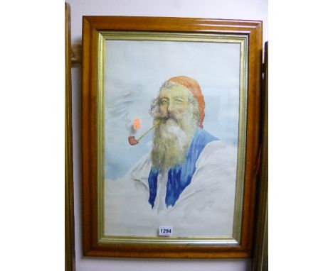 THREE WATERCOLOUR STUDIES, Gianni, gent smoking pipe, approximate size 47cm x 31cm, A Atkinson landscape, approximate size 24
