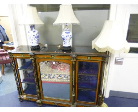 TWO BLUE AND WHITE POTTERY TABLE LAMPS, with ebonised bases and shades and an onyx standard lamp with shade (3)