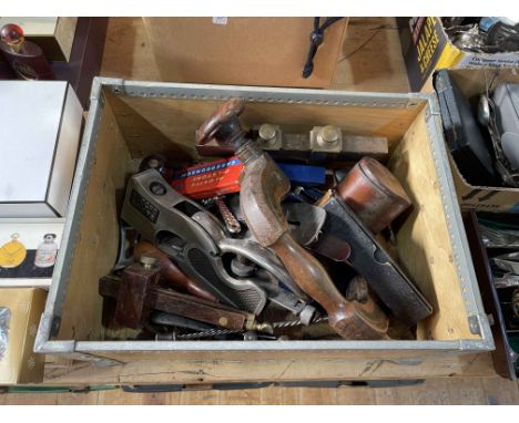 Box of vintage tools including Record planes.