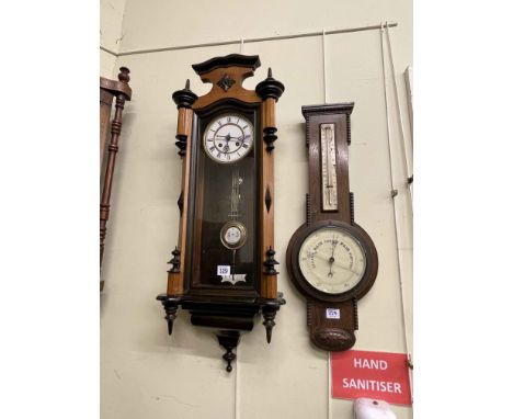 Victorian Vienna style wall clock and oak barometer.