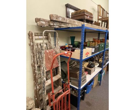 Wooden double extension ladder, two pairs of wooden steps, sack barrow and box of tools (5).