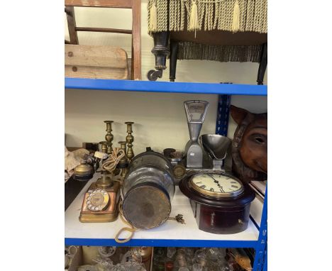 GPO clock, brass candlesticks, Vandome and Hart kitchen scales, vintage telephone, etc.