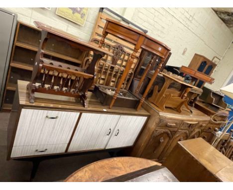 Vintage melamine sideboard, yew two drawer drum table, yew hall table, two standard lamps, two magazine stands and wall clock