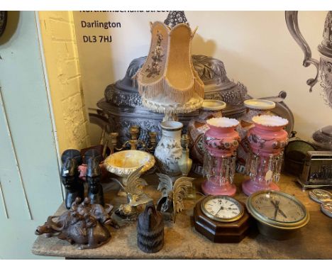 Victorian lustres, carved African sculptures, vases, vintage wall clocks, table lamp, etc.