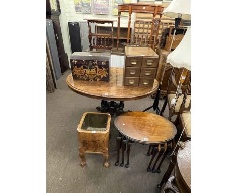 Oval walnut nest of three tables, walnut ball and claw leg plant holder, six drawer index cabinet and small painted trunk (4)