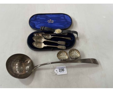 Irish silver ladle by Michael Keating, Dublin 1786, together with four silver spoons, pair shell salts and Revue wristwatch (