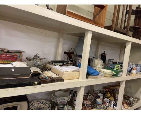 Blue and white pottery, Portmeirion pottery, linens, table lamp, games, etc.