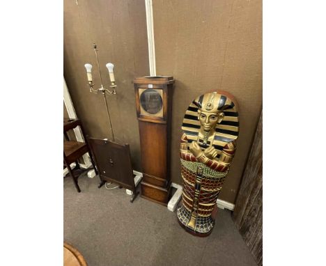 Tutankhamun CD cabinet, oak grandmother clock case, brass two branch tripod floor lamp and oak fire screen (4).