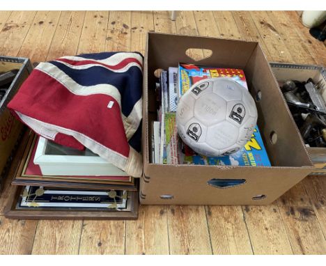 Viz annuals, Sunderland football, Union Jack, vintage football rattle, and framed sporting items.