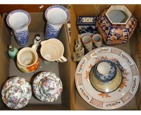 A box of miscellaneous china, including Chinese bowls, Imari vase, Japanese brush pots, Opium pillow, soapstone pieces etc, a