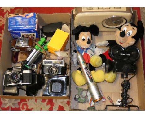 A vintage Bush transistor radio, Mickey Mouse plush toys, tin plate mechanical toy in the form of space rocket, stamped Elzei