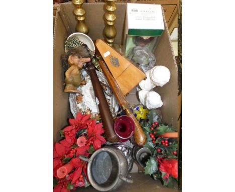 A mahogany cased metronome, a boxed Royal Doulton decanter in the form of a short-eared owl, a pair of brass candlesticks, gl