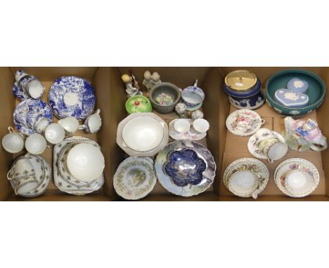 A Wedgwood Jasperware fruit bowl together with Wedgewood Jasperware lidded dishes, biscuit barrel, little old lady teapot, Co