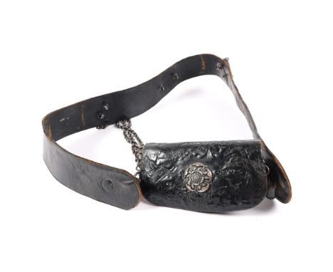 A mid Victorian black patent leather shoulder belt and pouch of the Yorkshire Rifle Volunteers, belt has strung bugle device,