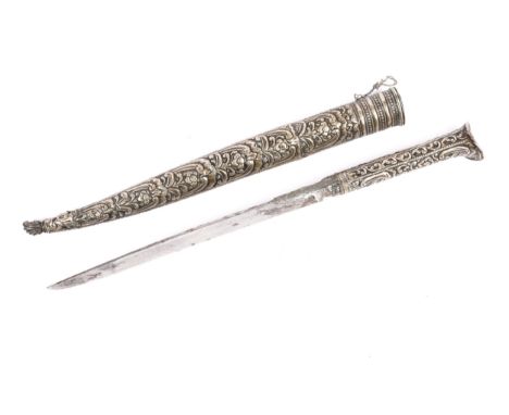 A Turkish yataghan dagger, blade 8", the hilt and sheath of embossed silver coloured metal. GC £50-60