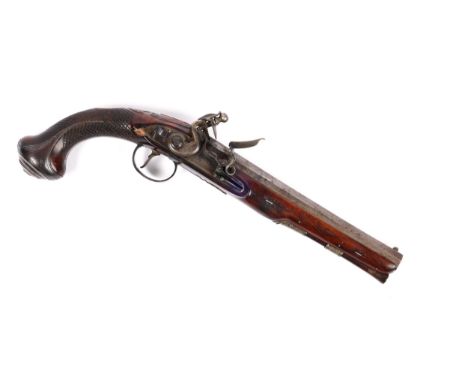 An 18 bore flintlock holster pistol by Barber of Newark, c 1785, 15" overall, octagonal barrel 9" engraved "Barber Newark" an