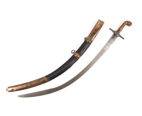 A 19th century Eastern mameluke hilted shamshir, curved, watered steel blade 32", with long clipped back tip, stylised Easter