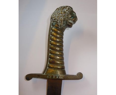 A Model 1892 Bavarian Artilleryman's sidearm, blade 18" (rusty), brass hilt with lion's head pommel, the cross guard stamped 