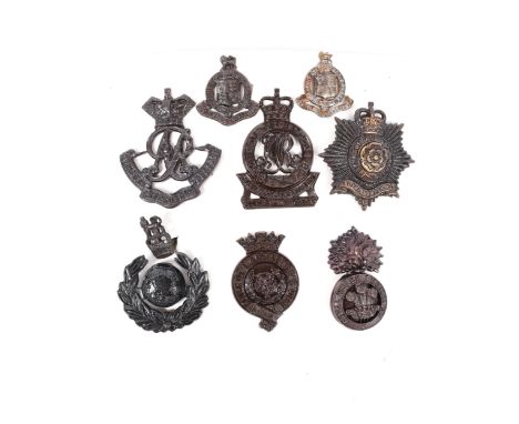 8 Officers bronze cap badges from stock held by Pitt (Surrey Yeomanry), Gaunt (K.E. School Bath (2), Hampshire Regt, Oxfordsh
