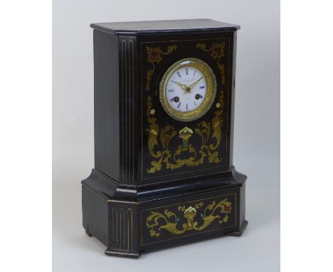 A French 19th century mantel clock, by J. Sewell &amp; Cie, Paris, in an ebonised, brass inlaid and hardstone inlaid wooden c
