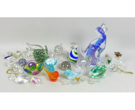 A group of Caithness paperweights, comprising hedgehog, fish, mushroom, and two birds, together with four glass models of cat