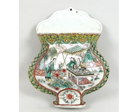 A Chinese Qing Dynasty, 19th century, famille vert porcelain wall pocket, of flat back baluster vase form with hole for wall 