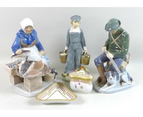 Two modern Royal Copenhagen figurines, comprising fisher woman, 465, and huntsman with shotgun and dog, 1087, a Royal Copenha