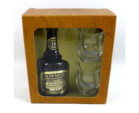 A bottle of Brownmore Scotch whisky, Islay single malt, 12 year old, in presentation box with two glasses. 