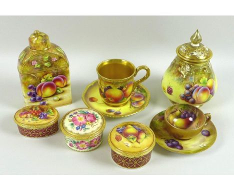 A collection of modern Royal Worcester hand painted fruit study porcelain, comprising canister and cover, painted by S. Wood,