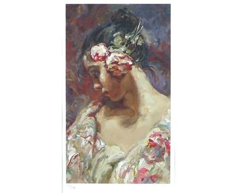 After Jose Mateu San Hilario Royo (Spanish, b. 1941): female portrait with flowers in her hair, a limited edition print heigh