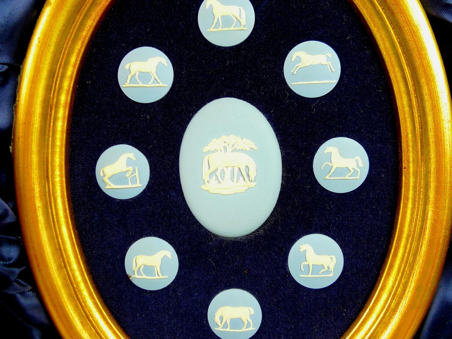 Two Wedgwood blue jasperware sets of plaques, 'The Stubbs Horses Plaque