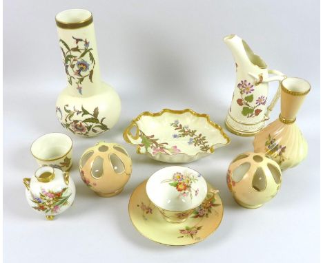 A collection of blush and ivory Worcester porcelain, all floral painted with gilt decoration, comprising an ewer with the han