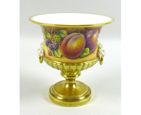 A modern Royal Worcester twin handled pedestal urn, hand painted fruit study decorated by D. Fuller, shape number 2447, 15 by