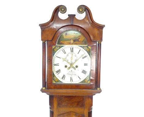 A 19th century oak and mahogany long case clock by Wilson, Spalding, broken swan neck pediment, broken arch dial painted with