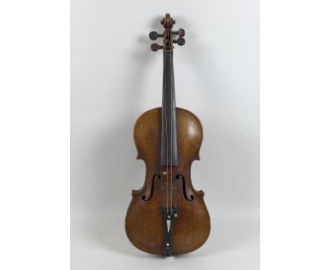 An early 20th century violin, unlabelled, with mother of pearl inlay, in need of restoration, back 36cm, 59.5cm overall, with