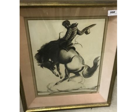 EVE PAYNE "Cowboy on bucking horse", charcoal study, signed bottom right, approx 53 cm x 44 cm including frame, together with