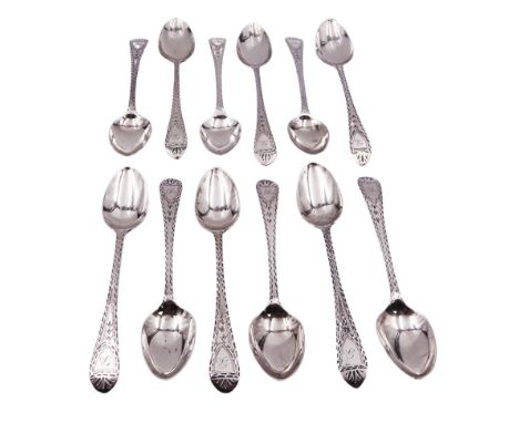 Set of twelve George III and later matched Celtic point pattern teaspoons, with bright cut engraved decoration, various hallm